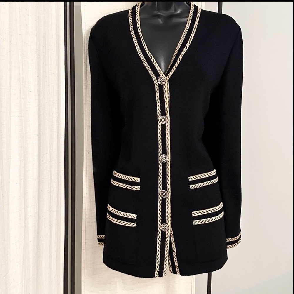 St. John Collection by Marie Gray Suit Cardigan Black Gold Trim Knit Top 6